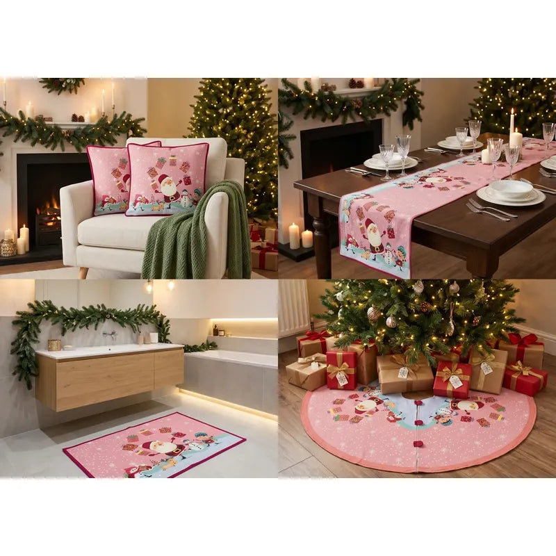 Kit Navideño: Camino De Mesa, Pie De Árbol, Fundas Y Tapete Rosa Claro