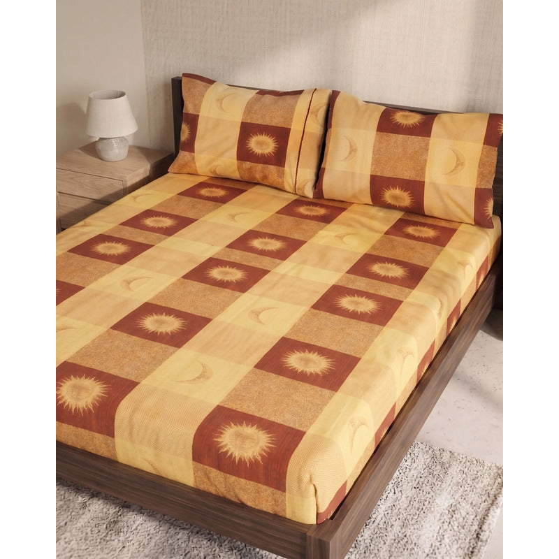 Sábana De Cajón Matrimonial +2 Fundas De Almohada Algodón Dorado Oscuro Sol Y Luna Cafe
