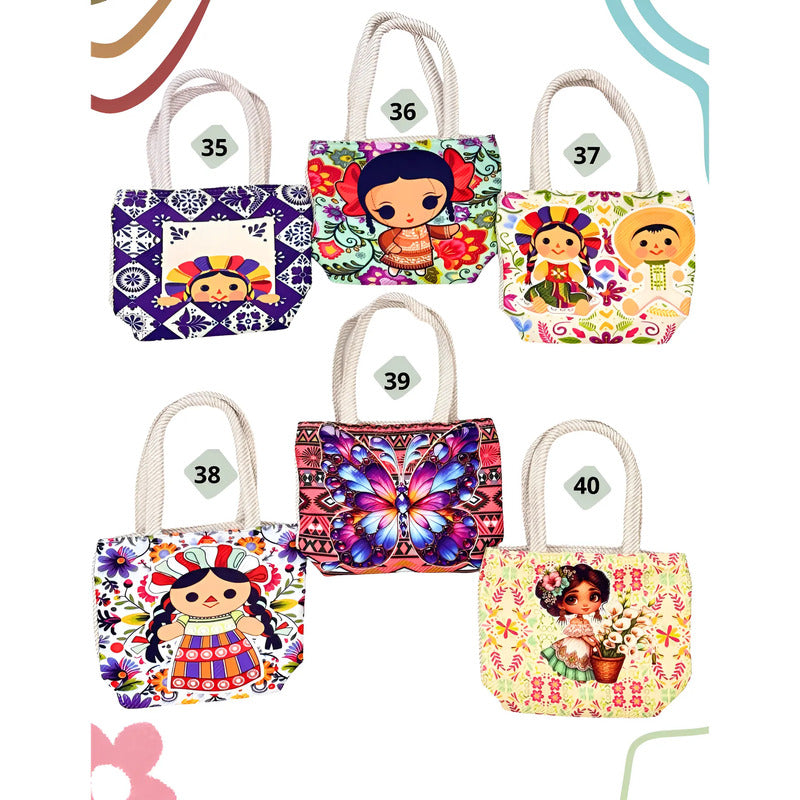 Bolsita Artesanal Pequeña Tipo Tote De Mano Diseños Lindos Beige Floreado Y Tradicional
