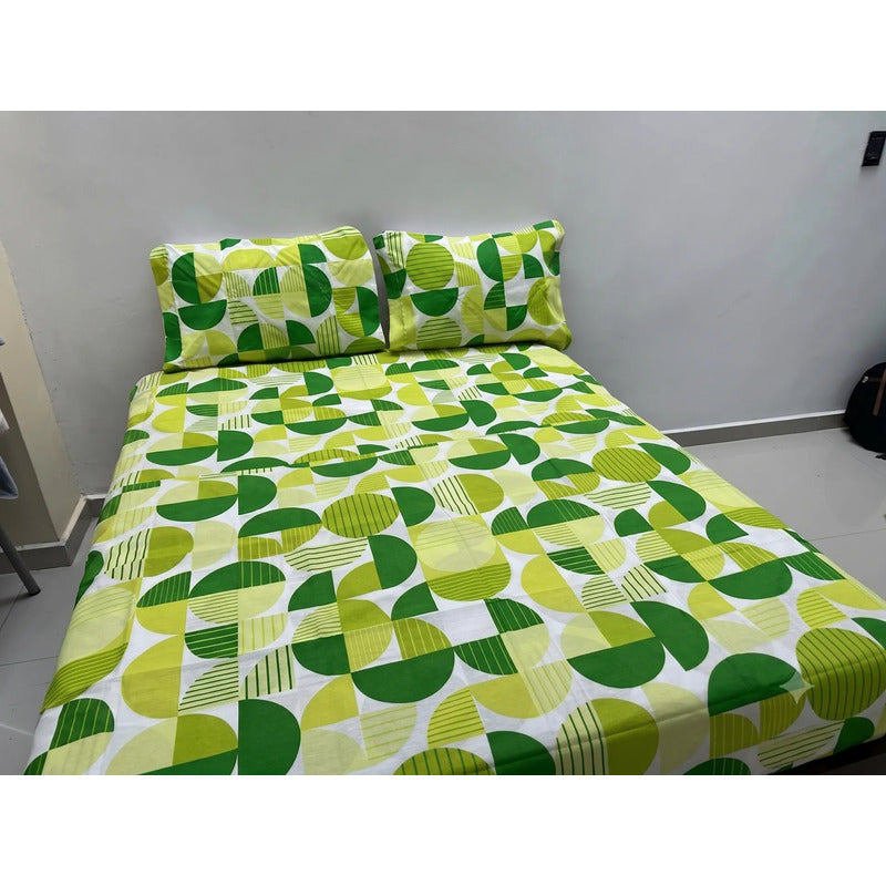 Sábana De Cajón Matrimonial +2 Fundas De Almohada Algodón Verde Circular Verde