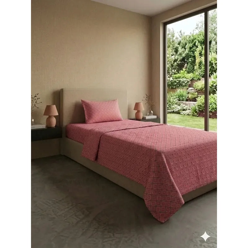 Juego De Sábana Mariol Individual 100% Algodón Premium Rosa Cuadro Espiral Rosa
