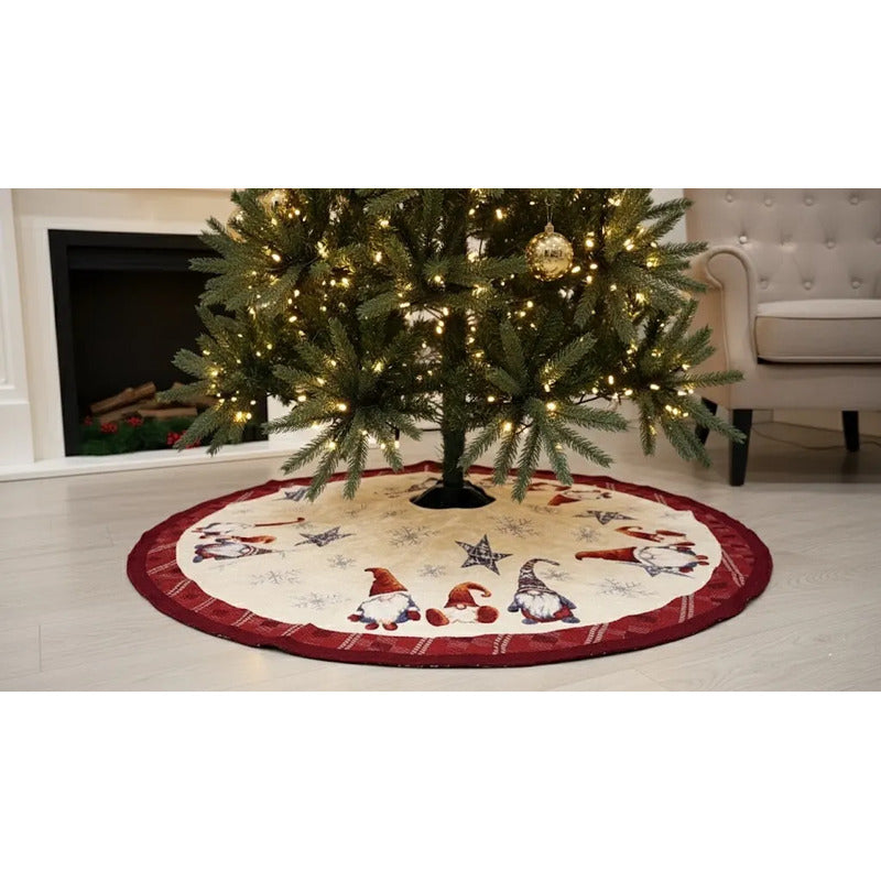 Kit Navideño: Camino De Mesa, Pie De Árbol, Fundas Y Tapete Beige Duendes Navideños