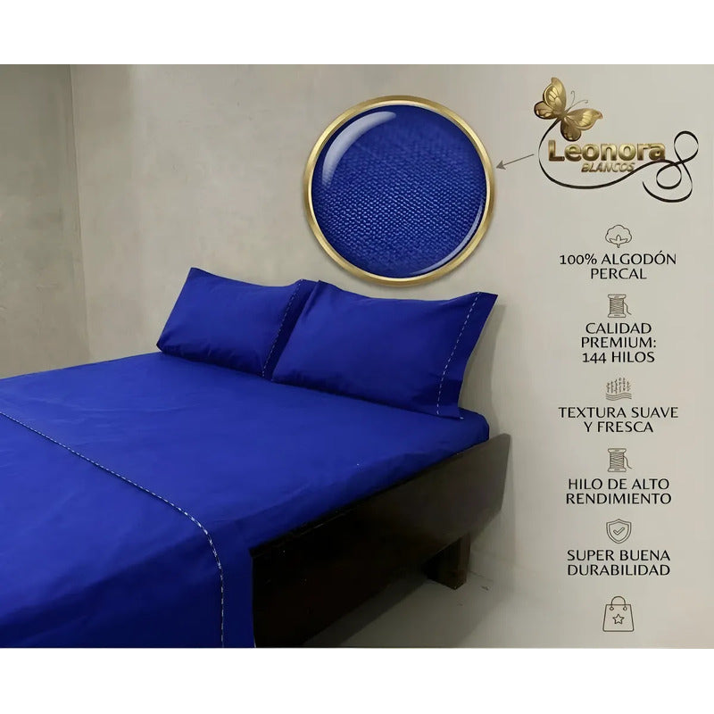 Juego De Sábanas Matrimonial Algodón Percal 144 Hilos-fresca Azul Lisa Marino Suave Y Transpirable De Calidad Premium