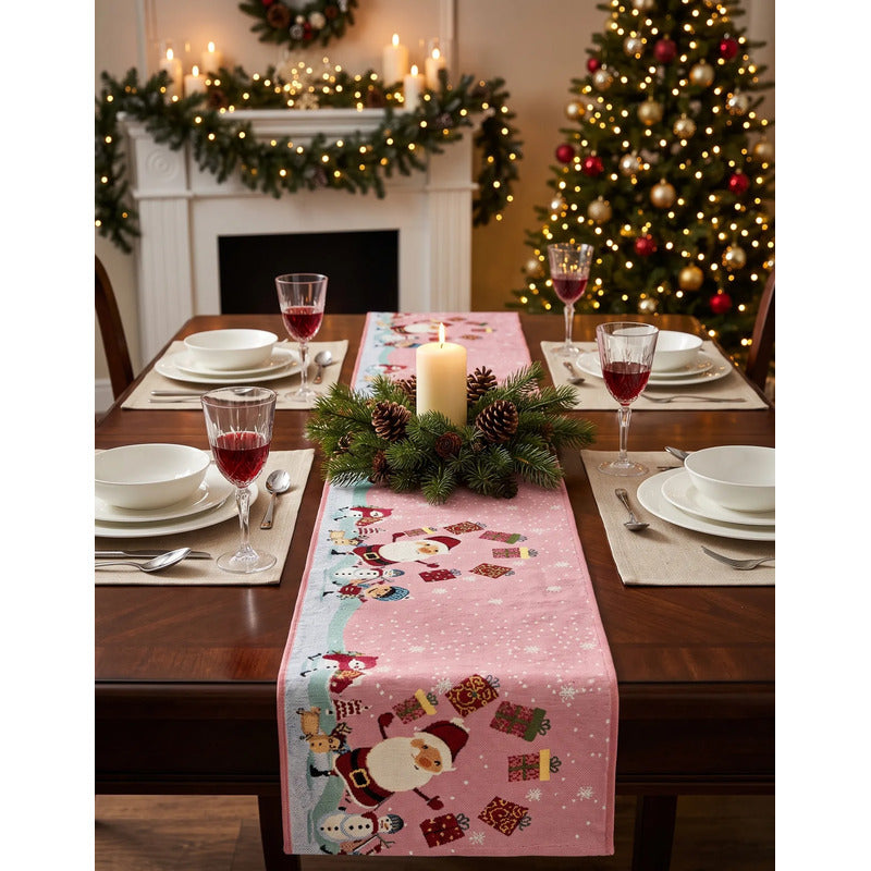Kit Navideño: Camino De Mesa, Pie De Árbol, Fundas Y Tapete Rosa Claro