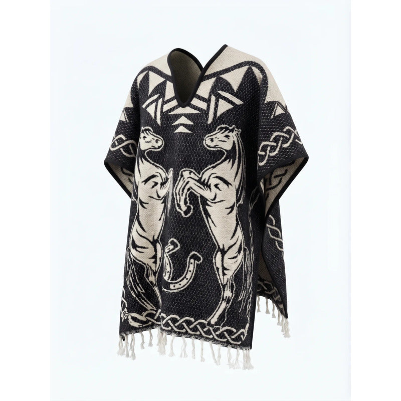 Jorongo Poncho Gaban Afelpado Unitalla Artesanal Grande Negro Caballos 1mx1m
