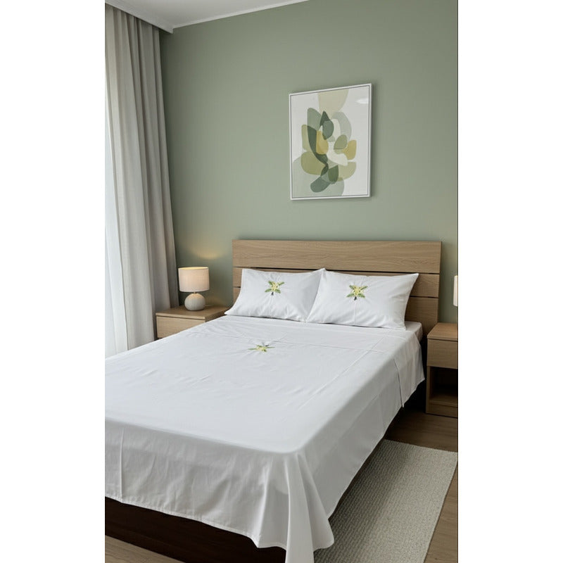 Sabana Matrimonial Lisa Bordada 100% Algodón-diseño Elegante Blanco Tulipán Bordado