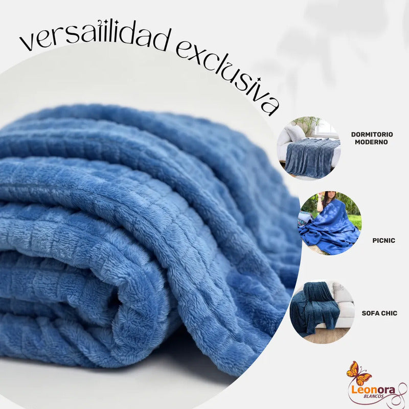Cobertor Frazada Matrimonial Ligera Super Suave Y Calientita Cuadros 700 G Azul Acero