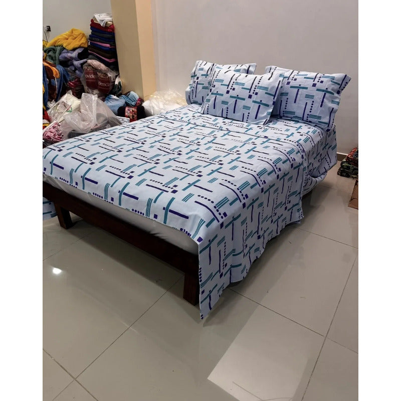 Juego De Sabanas Franela Mariol 100% Algodón King Size Azul Acero Trazos Azul