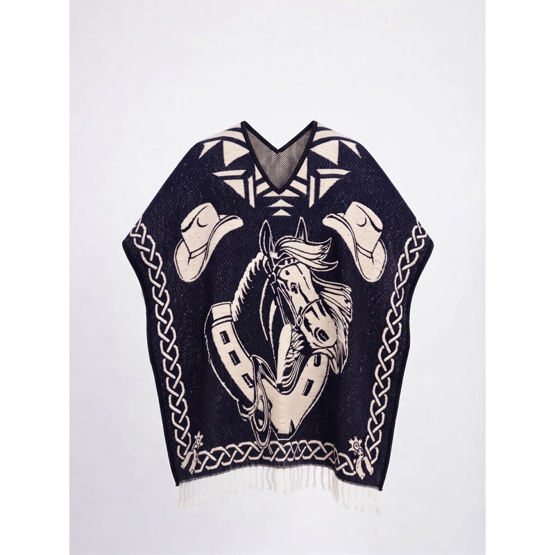 Jorongo Poncho Gaban Afelpado Unitalla Artesanal Grande Negro Caballos 1mx1m