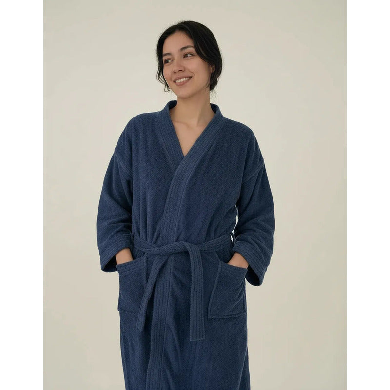 Bata De Baño Unisex 100% Algodón Suave, Absorbente Y Cómoda Azul Lisa Marino M-l