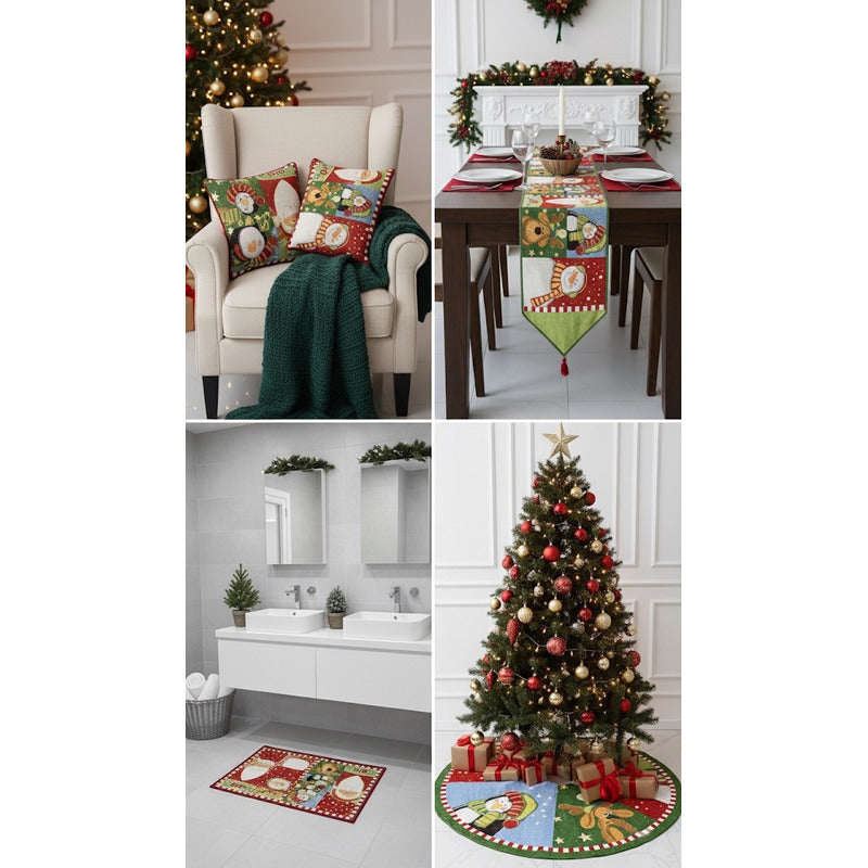 Kit Navideño: Camino De Mesa, Pie De Árbol, Fundas Y Tapete Verde Musgo Amigos De Santa