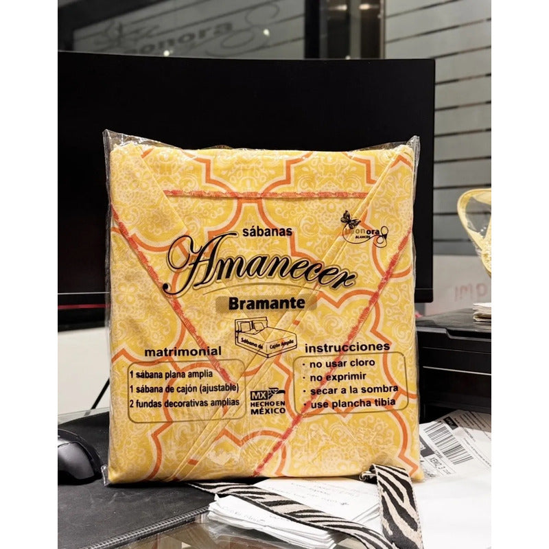 Juego Sabanas Matrimonial Amacener 100% Algodón Cajón Alto Naranja Claro Azulejo Amarillo