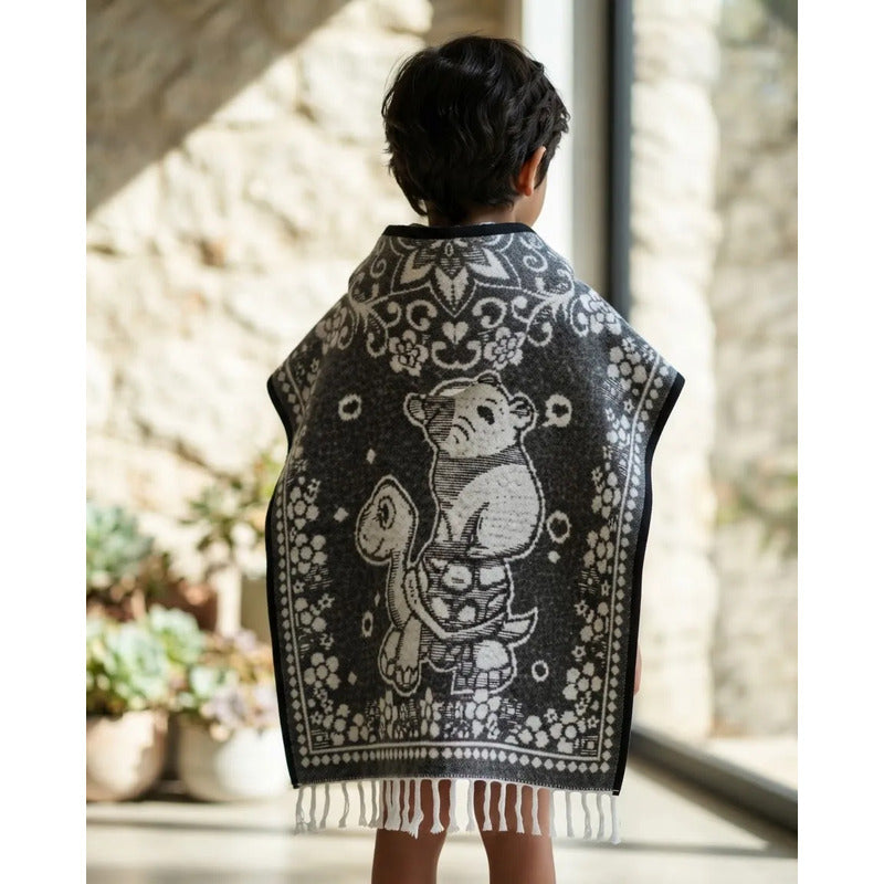 Jorongo Poncho Gaban Afelpado Infantil Artesanal Con Capucha Gris Capibara 60x50