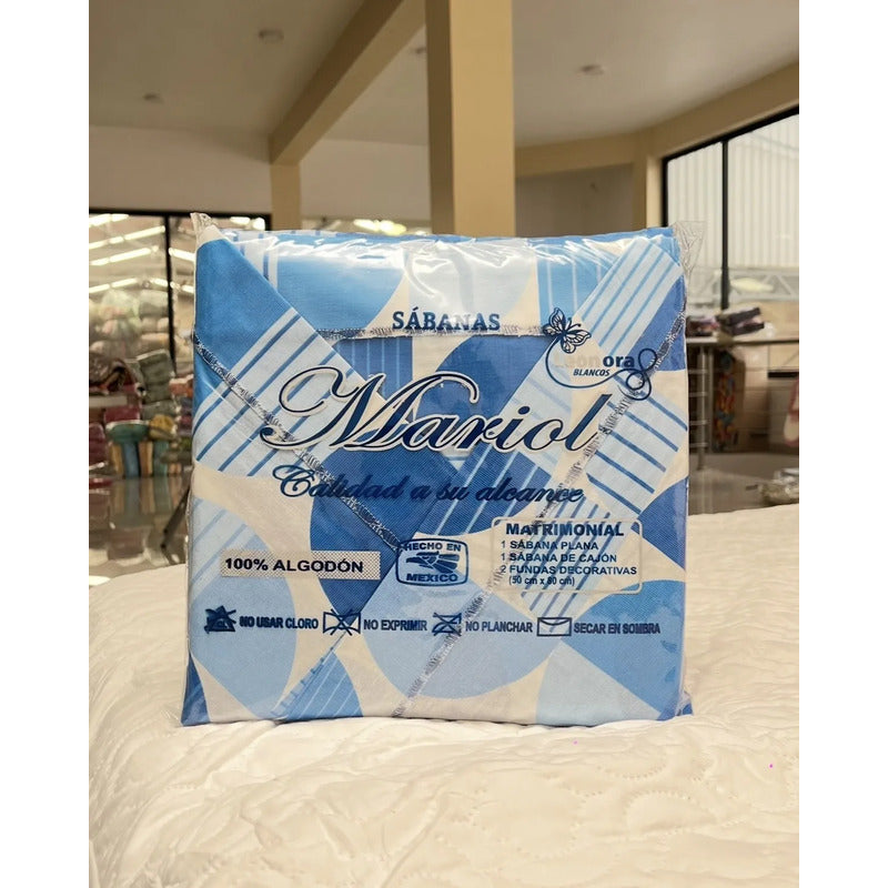 Juego De Sabana Matrimonial 100% Algodón Suaves Y Frescas Azul Circular Azul