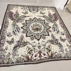 Colcha De Hilo Jacquard Leonora Premium Matrimonial Amplia Marrón Claro Colibríes Cafe/ Morado