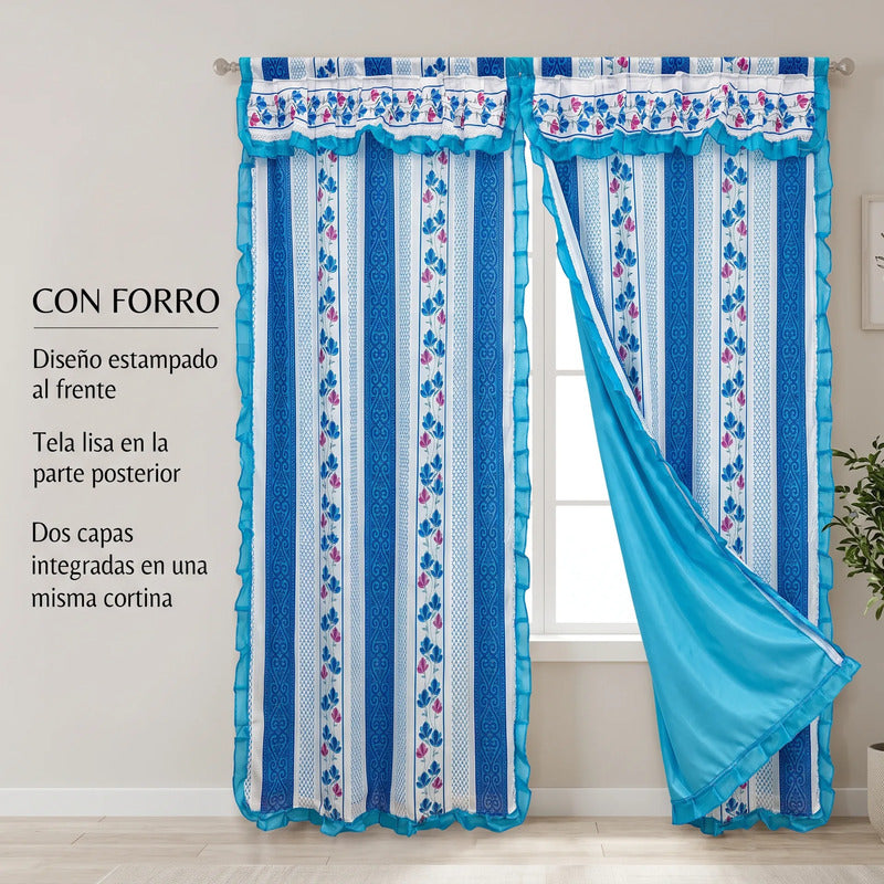 Cortinas Estampadas Para Ventana Con Forro Interior 2.9x2m Azul Acero