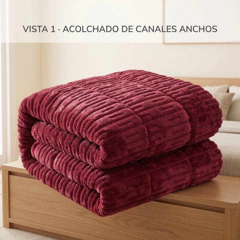 Edredón Matrimonial Acolchado Doble Vista Textura Térmica Vino Piel De Conejo