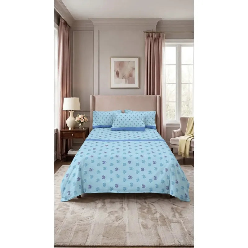 Juego De Sabanas Franela Mariol 100% Algodón King Size Azul Acero Mini Flor Azul