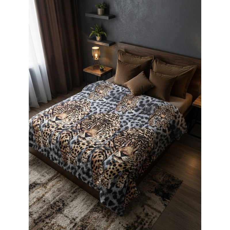 Cobertor Doble Vista Micro Grabado Amanecer Matrimonial Leopardos Marrón Claro