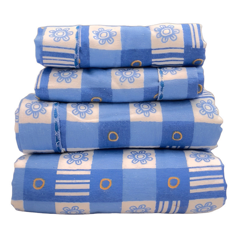 Juego De Sabanas Franela Mariol 100% Algodón Matrimonial Azul Acero Cuadro Flor Azul