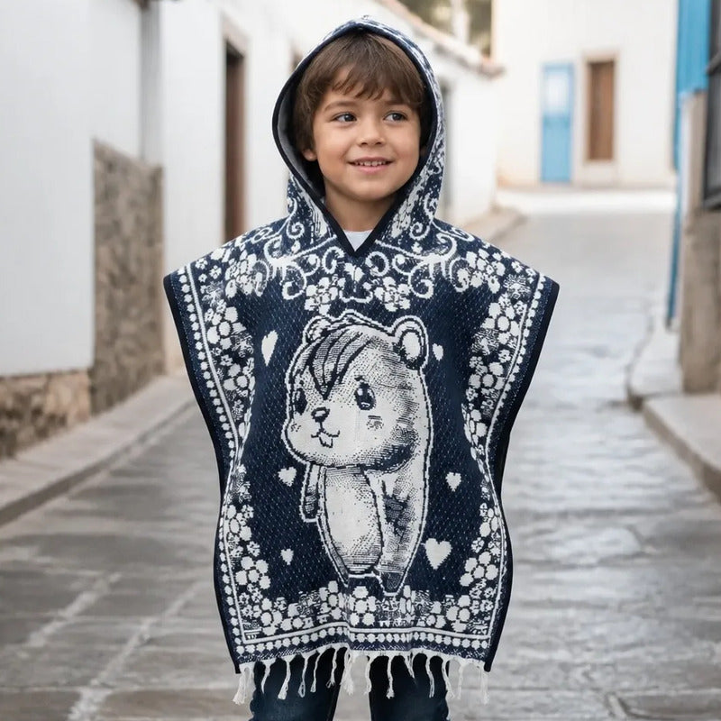 Jorongo Poncho Gaban Afelpado Infantil Artesanal Con Capucha Azul Capibara 60x50