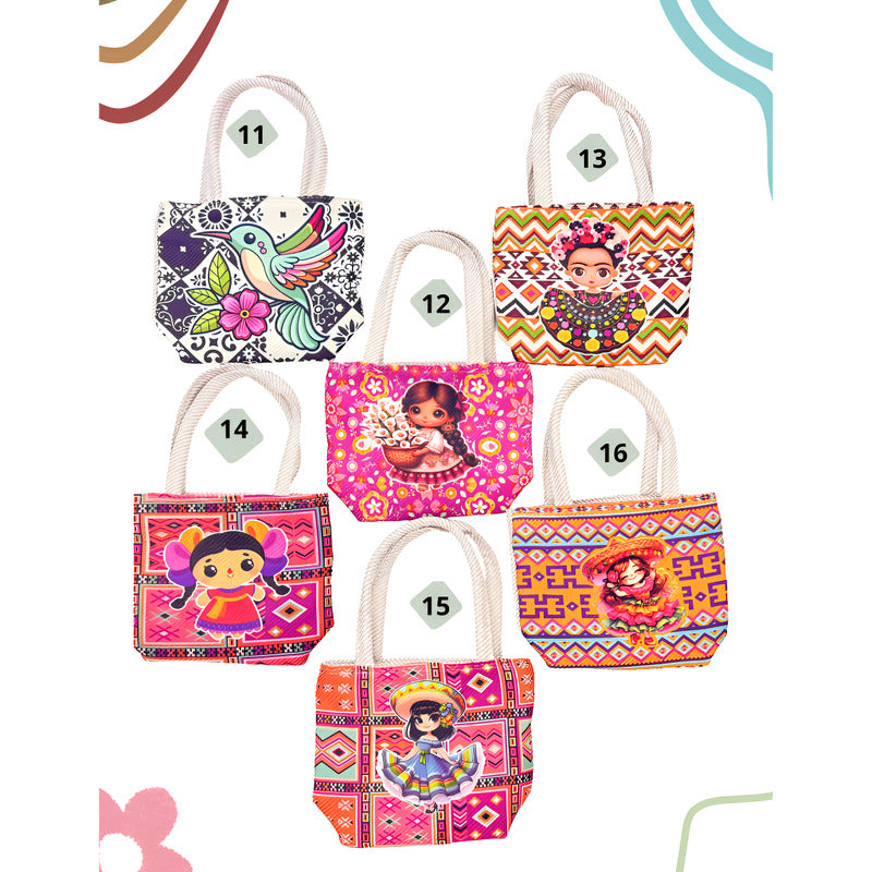 Bolsita Artesanal Pequeña Tipo Tote De Mano Diseños Lindos Beige Floreado Y Tradicional