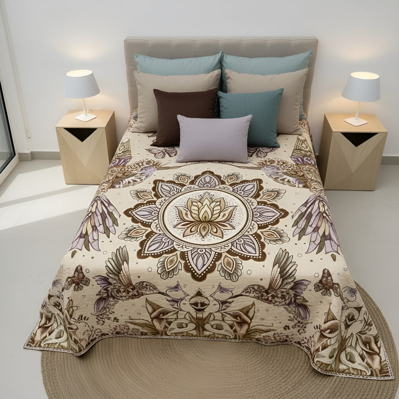 Colcha De Hilo Jacquard Leonora Premium Matrimonial Amplia Dorado Oscuro Colibrís Cafés