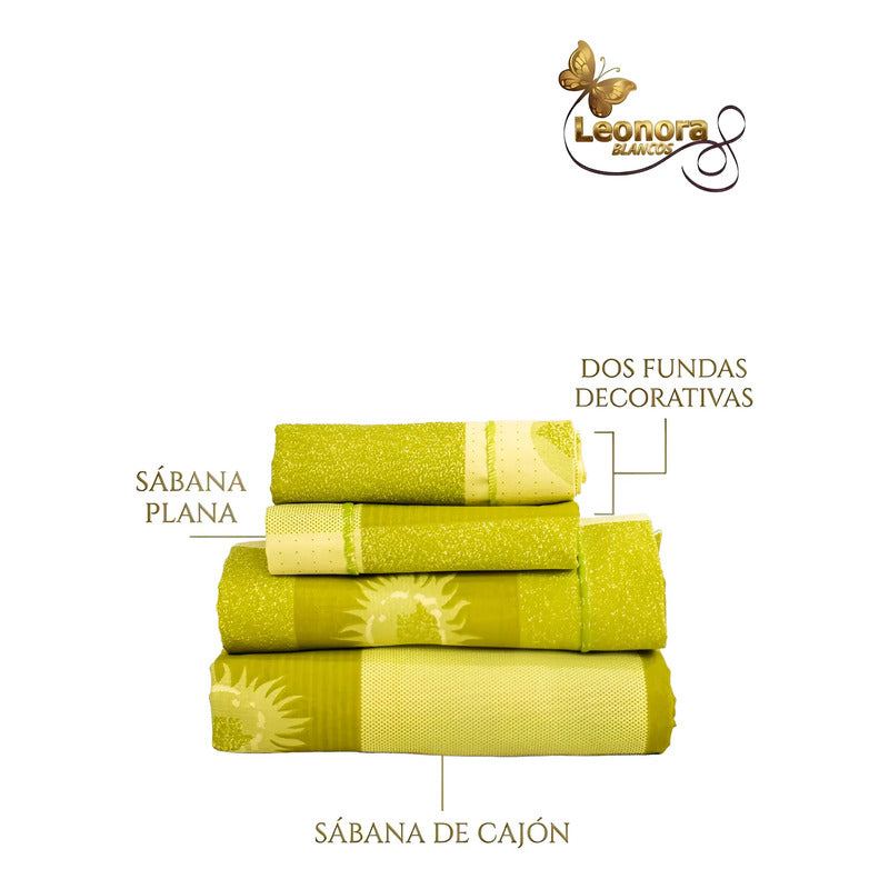 Juego De Sabana Matrimonial 100% Algodón Suaves Y Frescas Verde Soles Y Lunas Verde