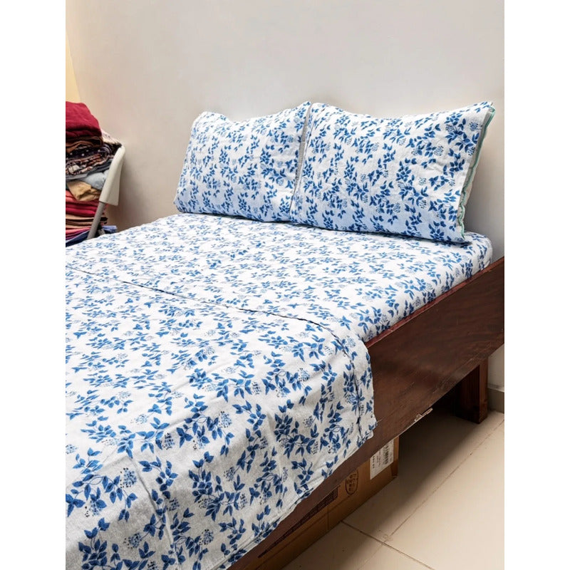 Juego De Sabanas Franela Mariol 100% Algodón Matrimonial Azul Claro Floresta Azul