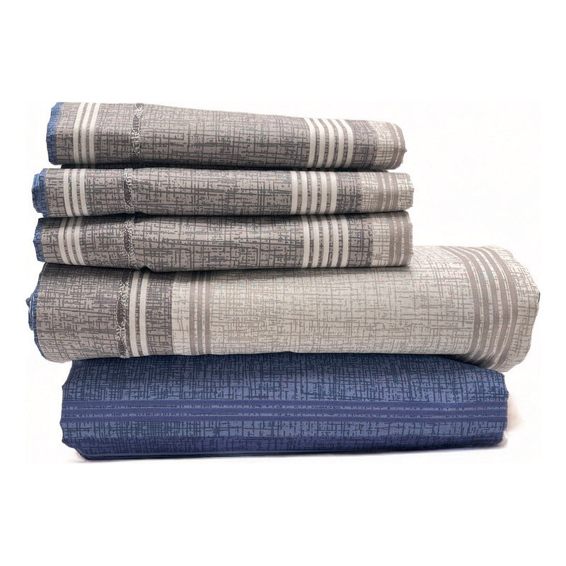 Juego De Sabanas King Size Leonora Percal Algodón 144h. Gris Rayas Azules