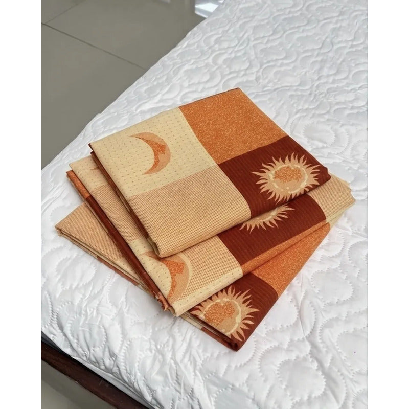 Juego De Sabana Matrimonial 100% Algodón Suaves Y Frescas Naranja Sol Y Luna Naranja