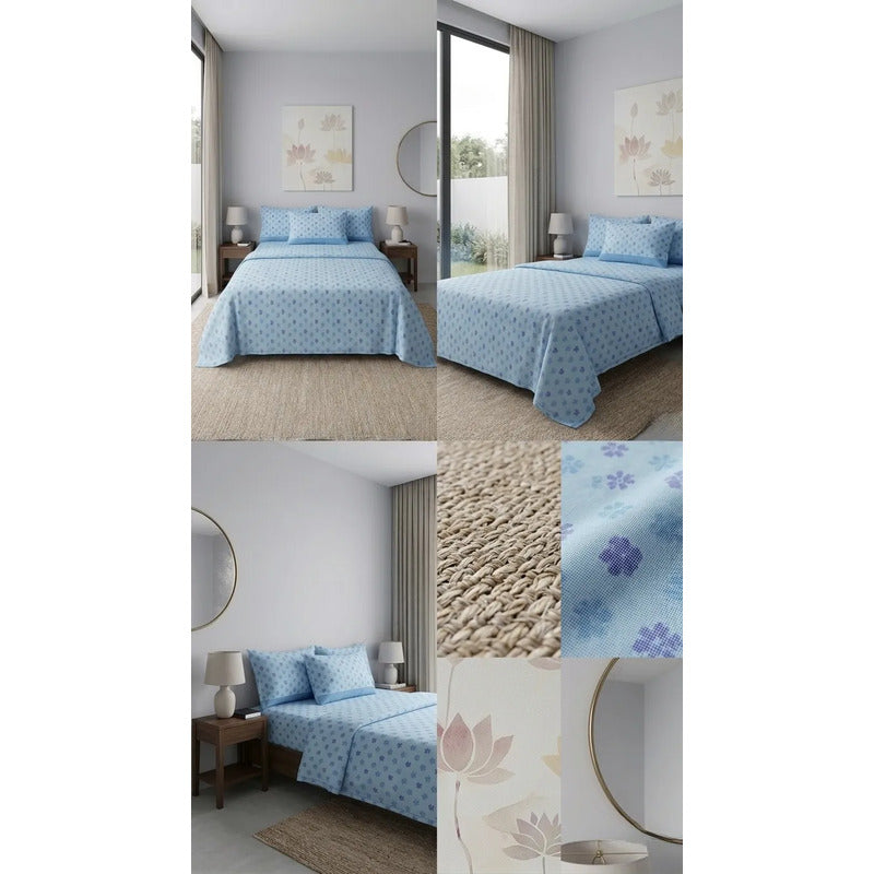 Juego De Sabanas Franela Mariol 100% Algodón King Size Azul Acero Mini Flor Azul