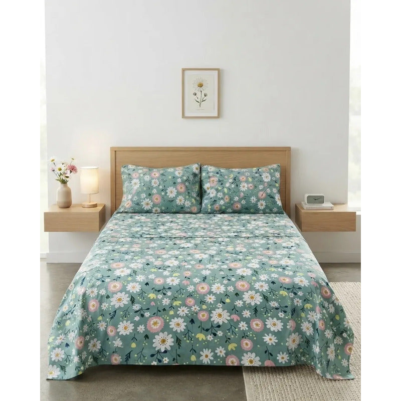 Juego De Sabana Matrimonial Leonora Tacto Suave Y Fresco Azul Petróleo Jardín Menta