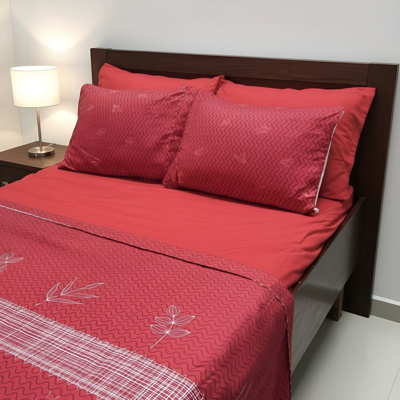 Juego De Sabanas 6 Piezas Tacto Bambu Premium Quality Rojo Hojitas Rojas