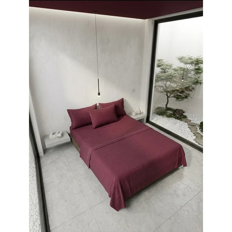 Juego De Sabanas King Size Leonora Percal Algodón 144h Lisas Bordó Vino Liso