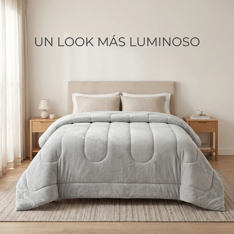 Edredón Matrimonial Acolchado Doble Vista Textura Térmica Gris Piel De Conejo