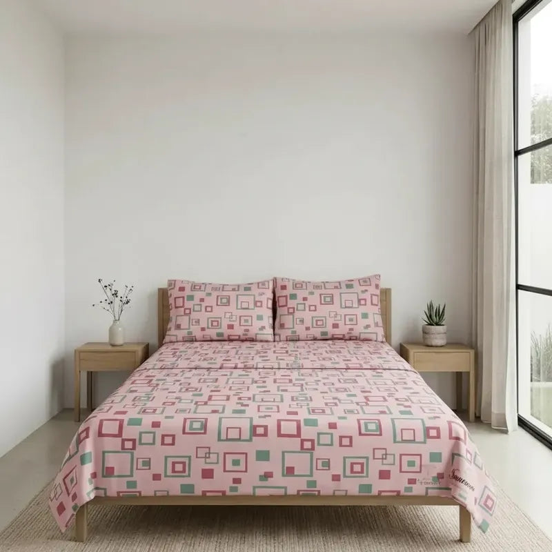 Juego Sabanas Matrimonial Amacener 100% Algodón Cajón Alto Rosa Cuadros Rosados
