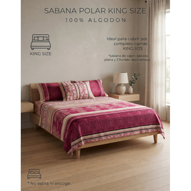 Juego De Sábanas Térmicas Polar Algodón King Size Invernal Bordó Barroco Vino