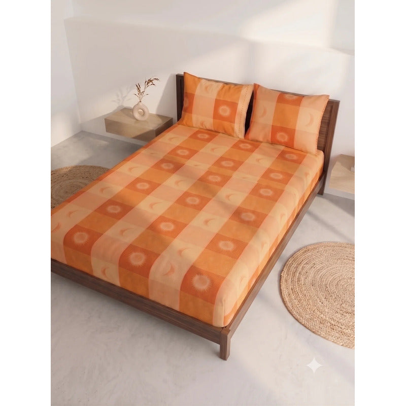 Sábana De Cajón Matrimonial +2 Fundas De Almohada Algodón Naranja Sol Y Luna Naranja