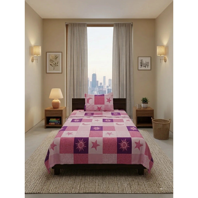 Juego De Sábana Mariol Individual 100% Algodón Premium Rosa Soy Y Estrellas Rosa