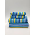 Juego De Sábanas Matrimonial Leonora Franela Planchada 2mts Azul Acero Rayado Azul/amarillo