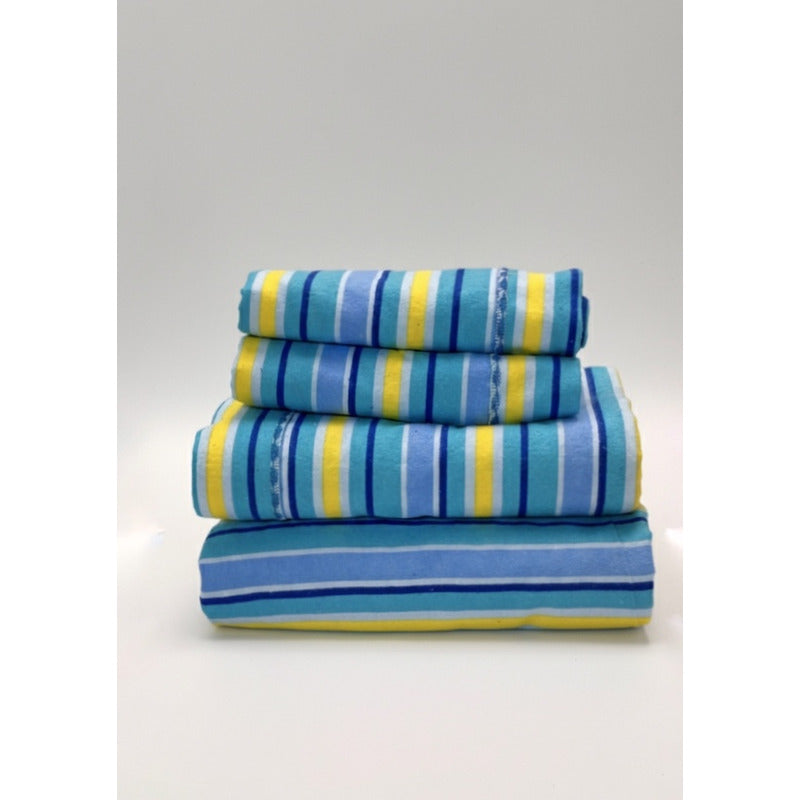 Juego De Sábanas Matrimonial Leonora Franela Planchada 2mts Azul Acero Rayado Azul/amarillo