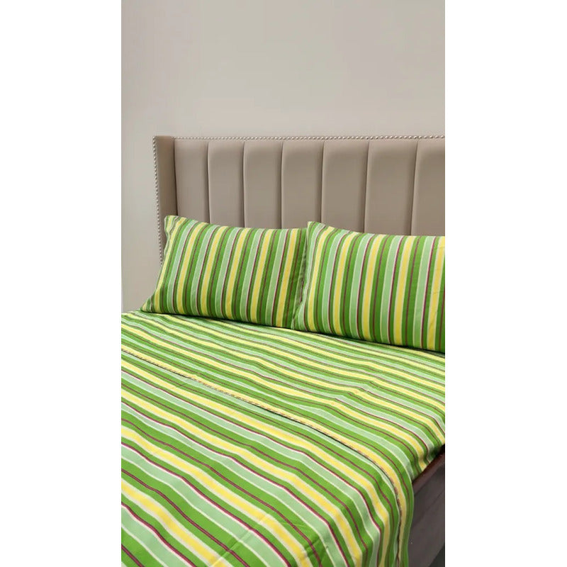 Juego De Sábanas Matrimonial Leonora Franela Planchada 2mts Verde Lima Rayada Verde/amarillo