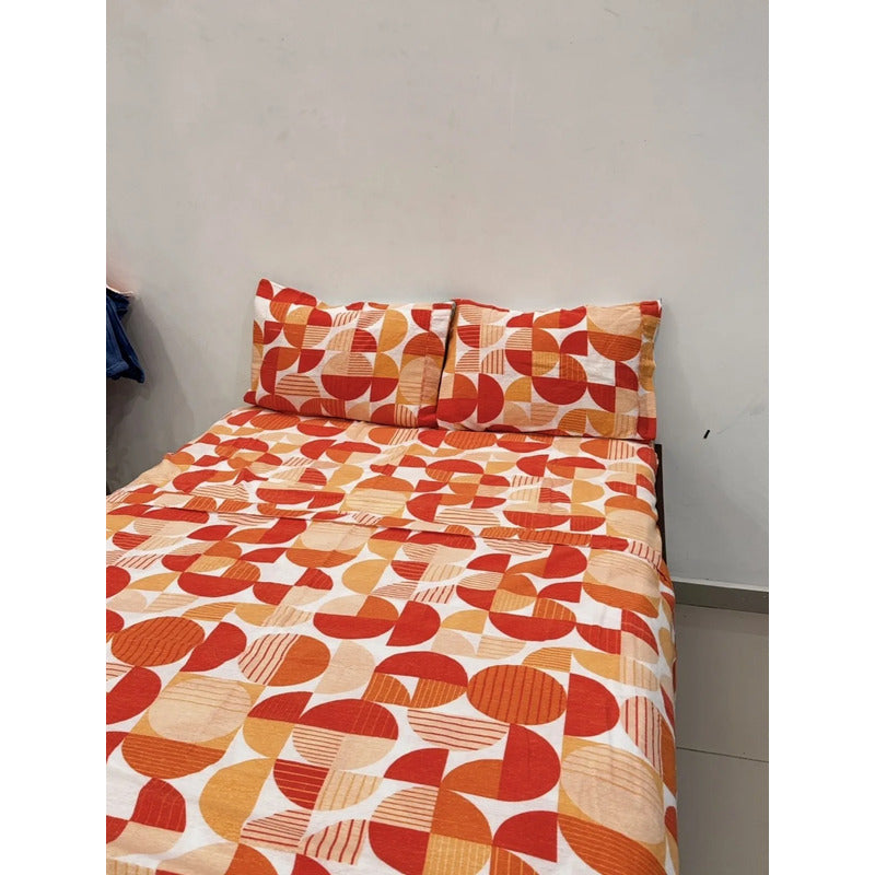Juego De Sabanas Franela Mariol 100% Algodón Matrimonial Naranja Circular Naranja