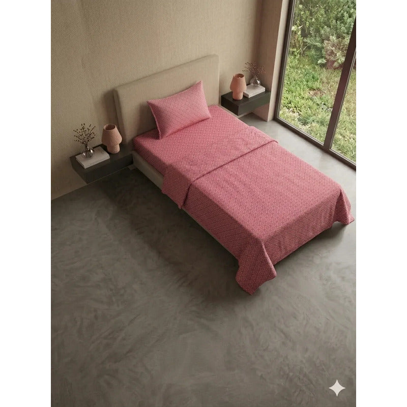 Juego De Sábana Mariol Individual 100% Algodón Premium Rosa Cuadro Espiral Rosa