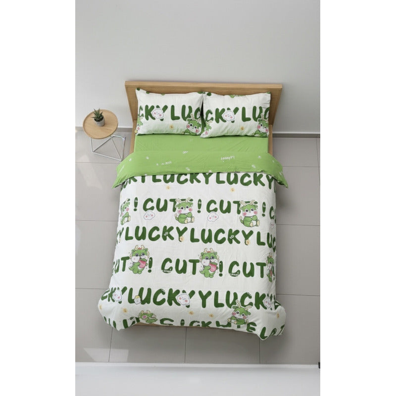 Edredón Premium Duvet Dos Vistas Matri Con Relleno Incluido Verde Corazón Monstruito Lucky Algodón Alta Densidad