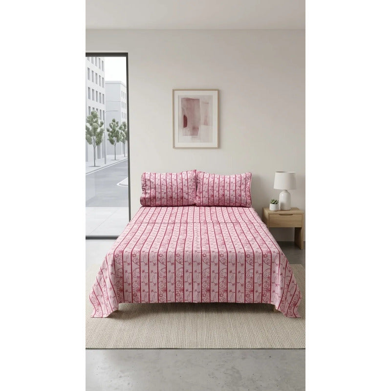 Juego De Sabanas Franela Mariol 100% Algodón Matrimonial Rosa Diente De Leon Rosa