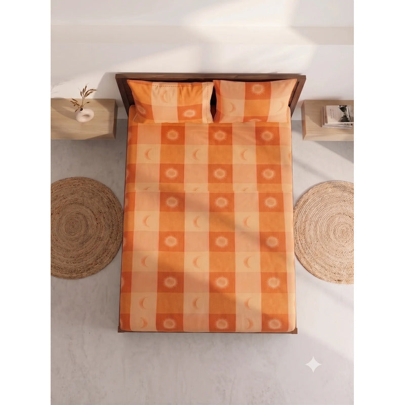 Sábana De Cajón Matrimonial +2 Fundas De Almohada Algodón Naranja Sol Y Luna Naranja