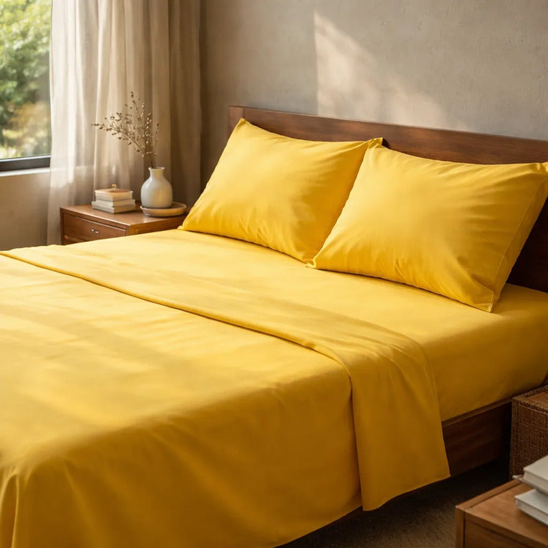 Juego De Sábanas Matrimonial Algodón Percal 144 Hilos-fresca Amarillo Lisa Suave Y Transpirable De Calidad Premium