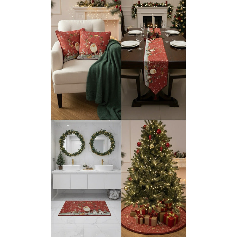 Kit Navideño: Camino De Mesa, Pie De Árbol, Fundas Y Tapete Rojo Santa Y Regalos